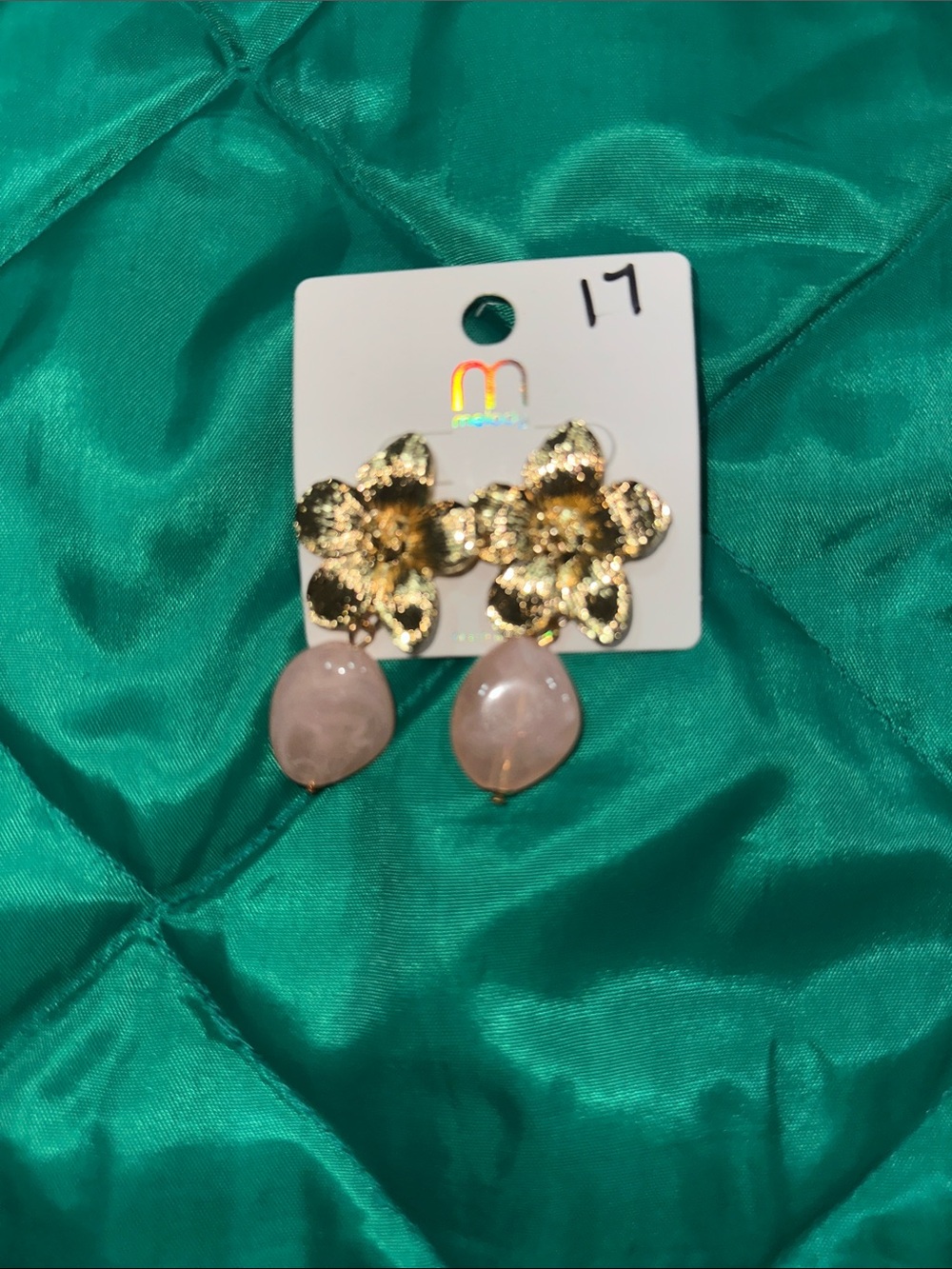 Gold Flower Drop Earrings with Pink Accents